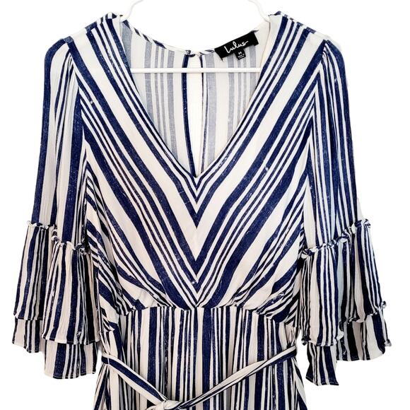 Lulus Cast Away Striped Blue and White Tassel Belted Skater Dress Women's Size M - Picture 4 of 12